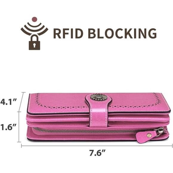 Leather Wallet for Women RFID Blocking Large Capacity Card Holder Wristlet Purse - Picture 4 of 7